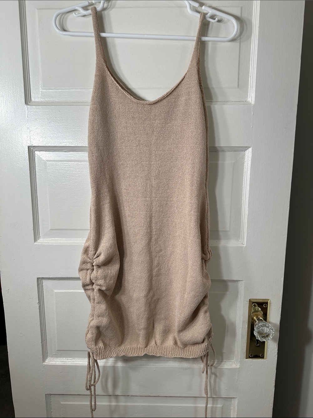Beige Knit Ruched Drawstring Tank Dress - Picture 1 of 1